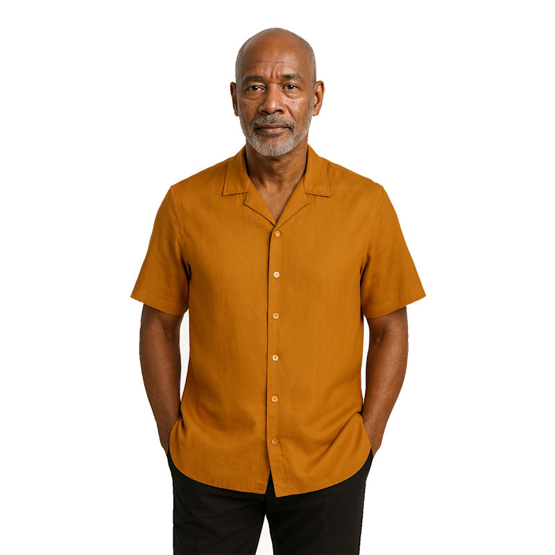 Thumbnail of Hugo Linen Cuban Collar Shirt - Mustard image