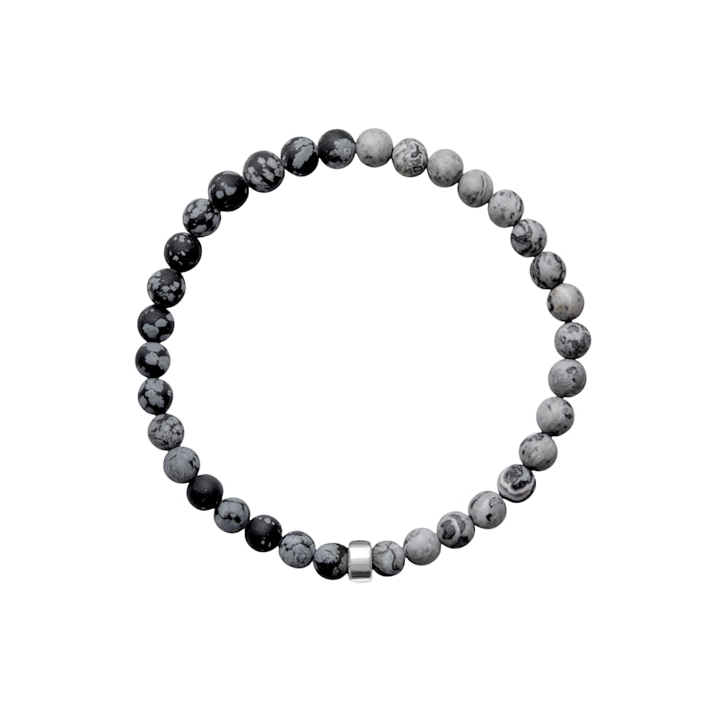 Thumbnail of ARO Men's Snowflake Obsidian & Map Jasper Bracelet Silver Bead image