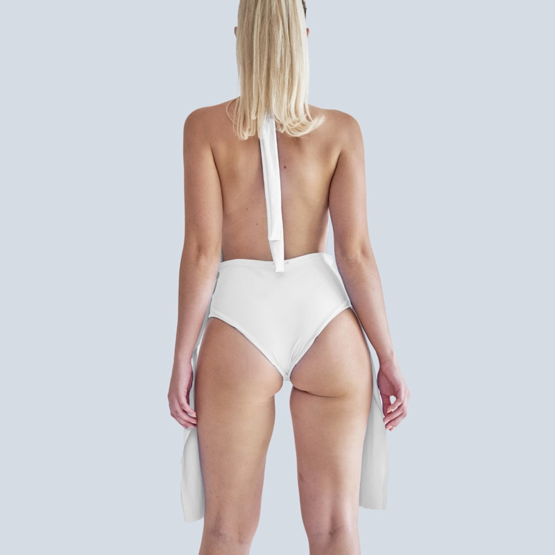 Thumbnail of Plonger Deep Plunge Halter Neck Swimsuit With Decorative Belt In White image