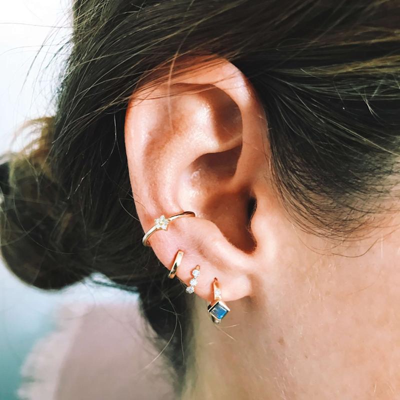 Thumbnail of Mini Diamond Trilogy Huggie Hoop Earring 9K Solid Gold image
