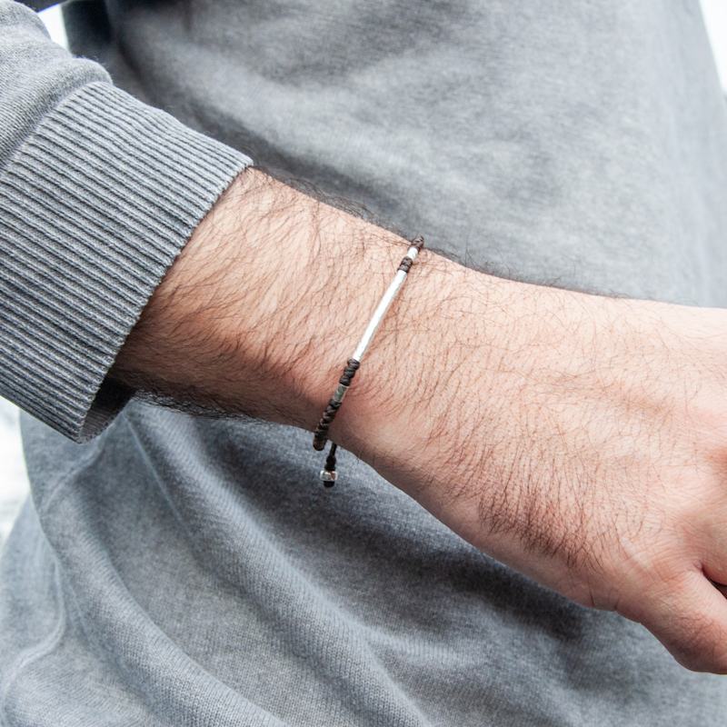 Thumbnail of Brown Rounded Viking-Style Men Bracelet - Hammered Silver With Knots - Brown image