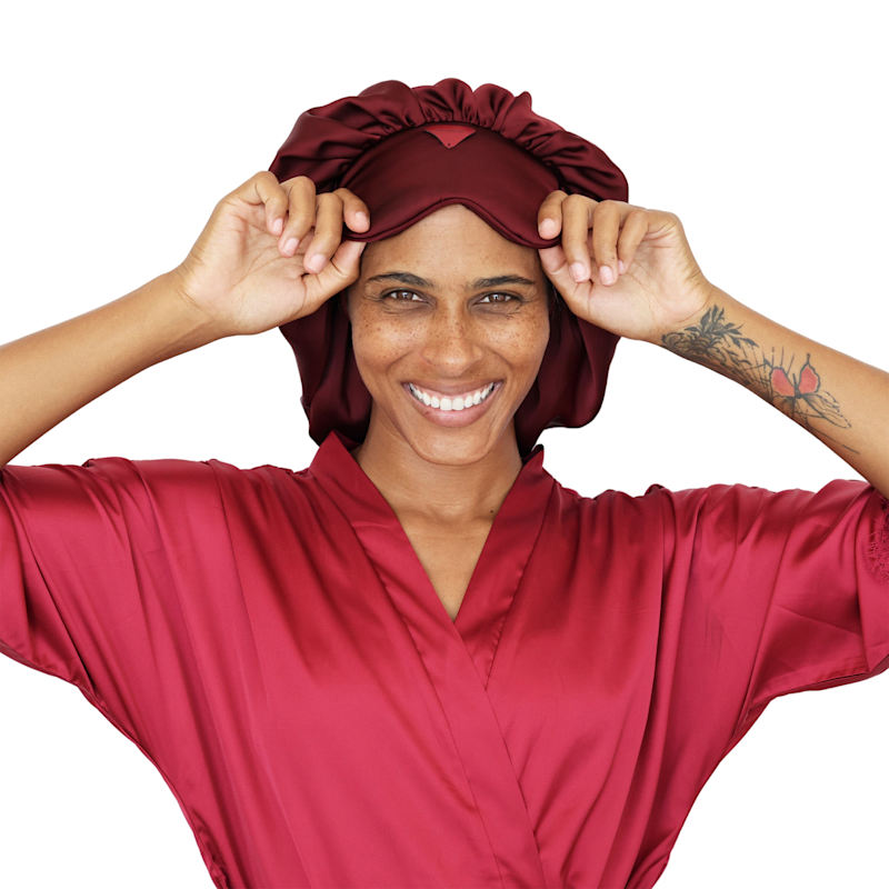 Thumbnail of Ibonnet® Rem Red Adjustable Satin Hair Bonnet Eye Mask With Gel Insert image