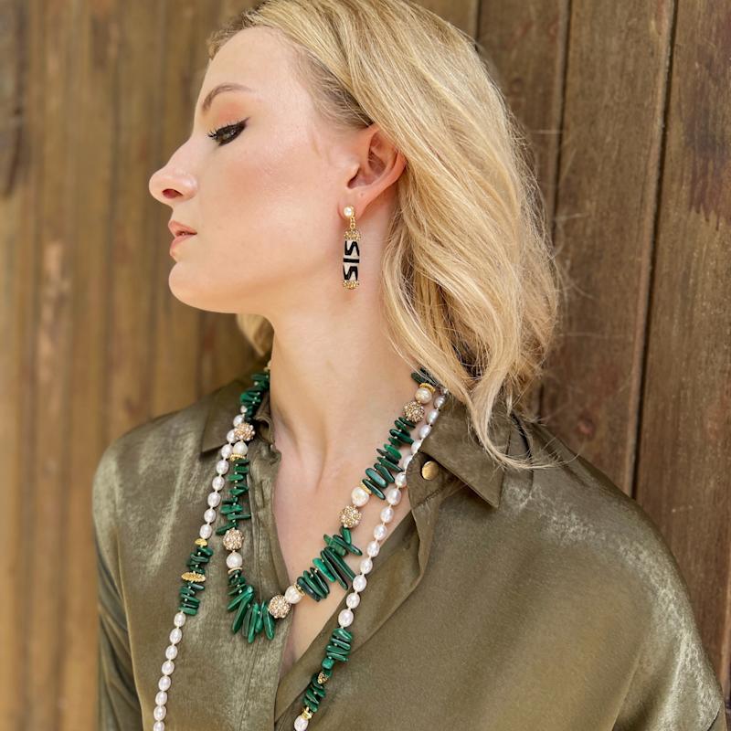 Thumbnail of Stick Shaped Malachite With Pearl Rhinestone Statement Necklace image