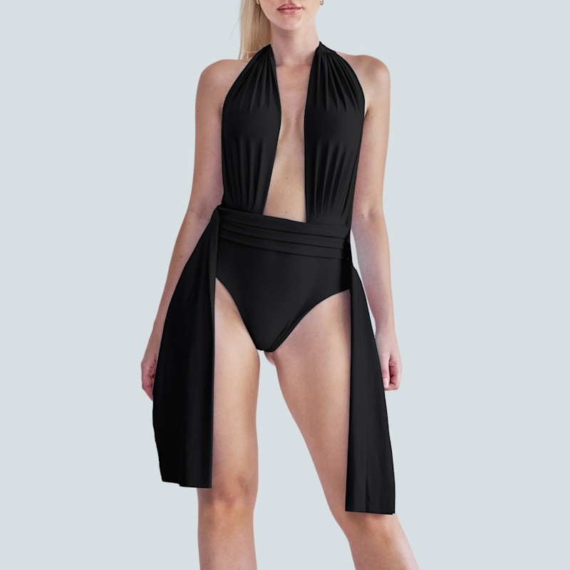 Thumbnail of Plonger Deep Plunge Halter Neck Swimsuit With Decorative Belt In Black image