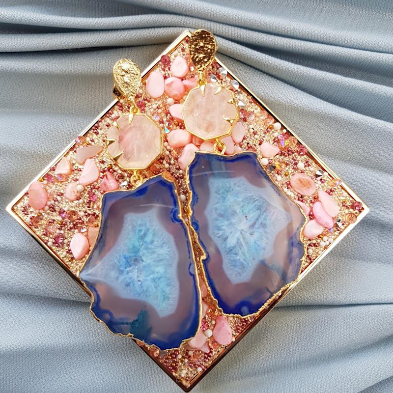 Thumbnail of 'Hold On' Rose Quartz Blue Agate Gemstone Statement Earrings image