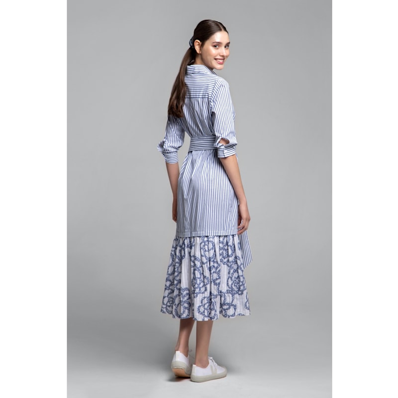 Rumour London Striped Maxi Shirt Dress With Embroidered Panel And Belt - Blue/white