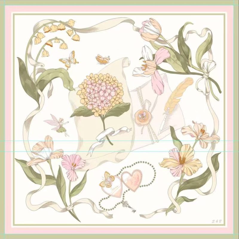 Thumbnail of Illustrated Floral Twill Silk Scarf With Hand-Rolled Edges – Ivory image