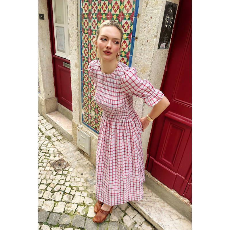 Imogen Cotton Red & White Window Pane Check Midaxi Dress | AMY LYNN | Wolf  & Badger