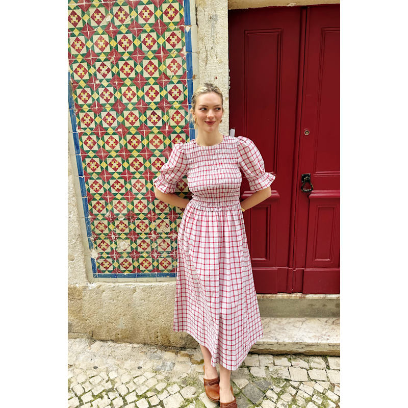 Imogen Cotton Red & White Window Pane Check Midaxi Dress | AMY LYNN | Wolf  & Badger