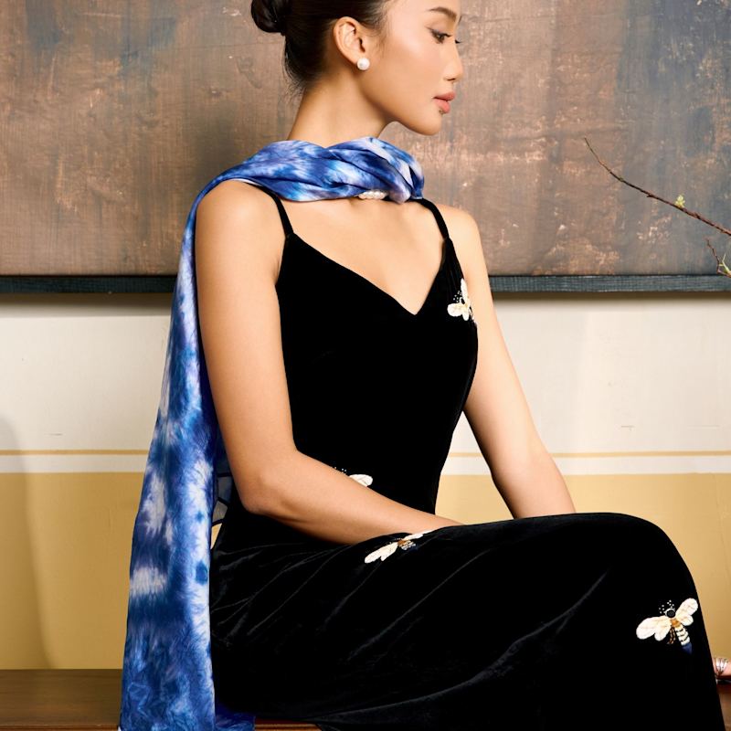 Thumbnail of Indigo Sky Shibori Silk Shawl – Hand-Dyed Mulberry Silk Wrap image