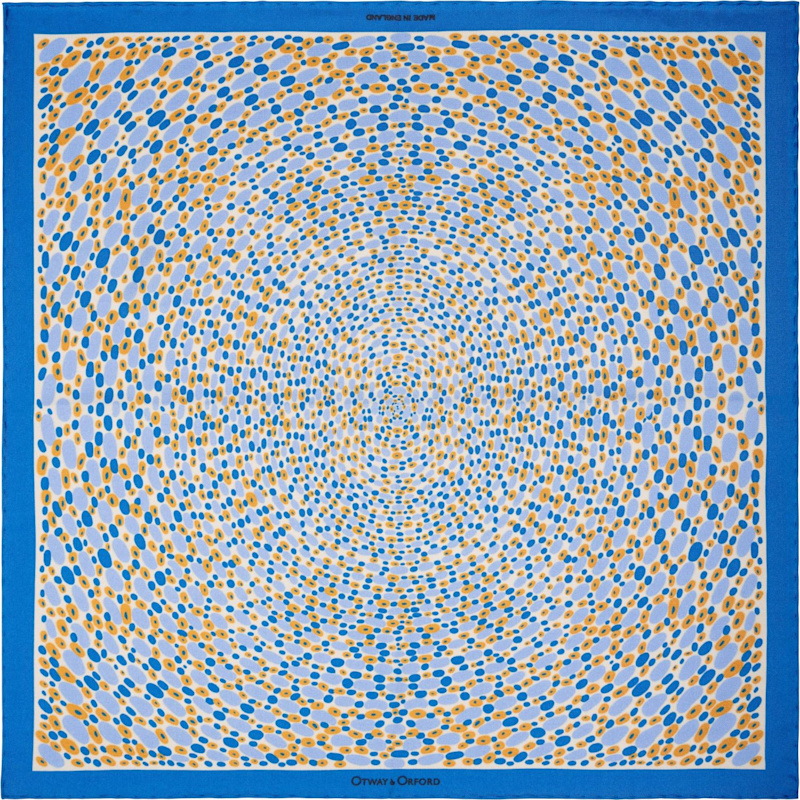 Thumbnail of 'Infinity' Spotted Silk Pocket Square In Blue, Gold & White. Full-Size. image