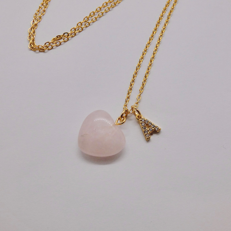 Thumbnail of Initial Letter Heart Rose Quartz Necklace image