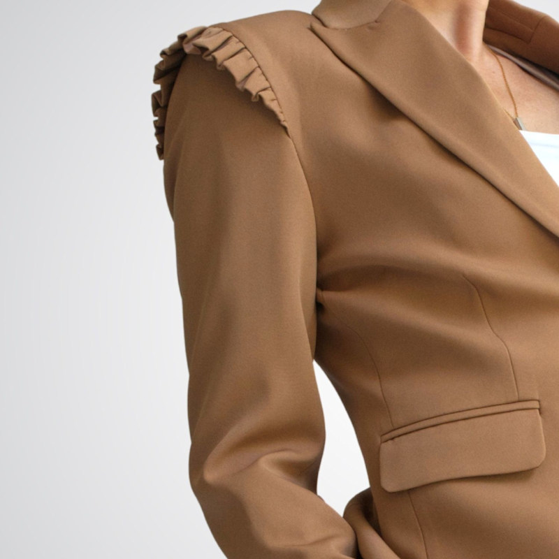 Thumbnail of Integrity Shoulder Frill Detail Jacket For Women - Camel Brown image