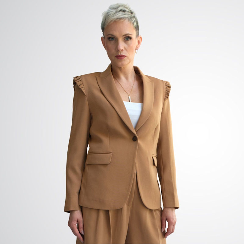 Thumbnail of Integrity Shoulder Frill Detail Jacket For Women - Camel Brown image