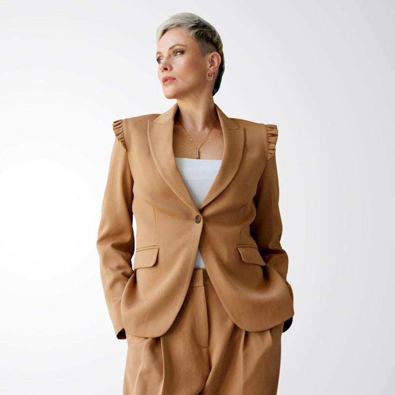 Thumbnail of Integrity Shoulder Frill Detail Jacket For Women - Camel Brown image