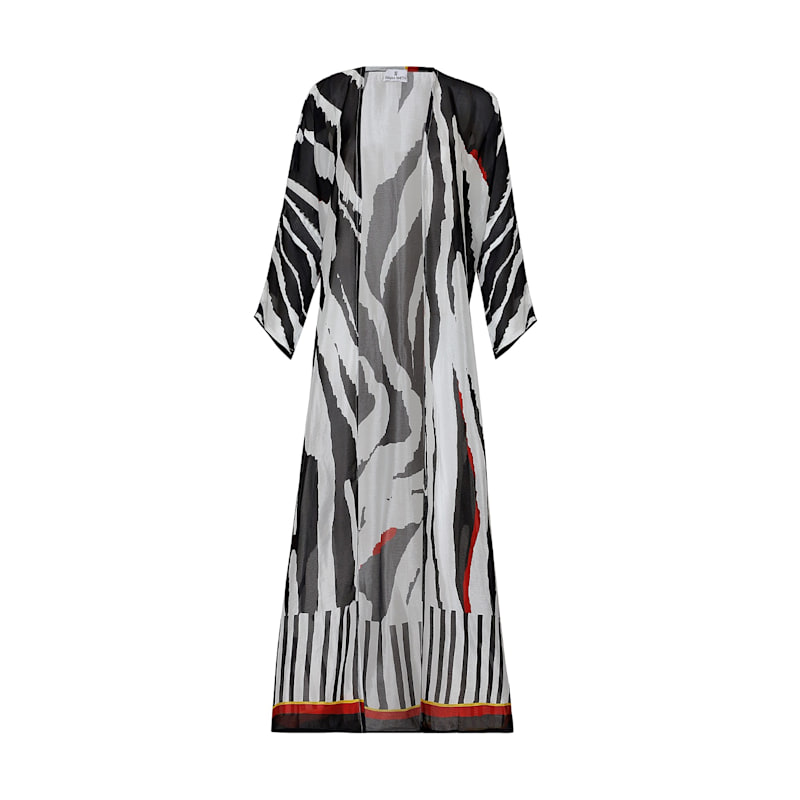 Thumbnail of Into The Wild Zebra Print Kimono Dress - Black And White Stripe Beach Cover Up image
