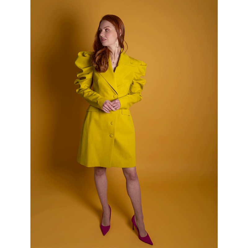 Thumbnail of Draped Sleeved Tailored Blazer Dress - Lime Yellow image