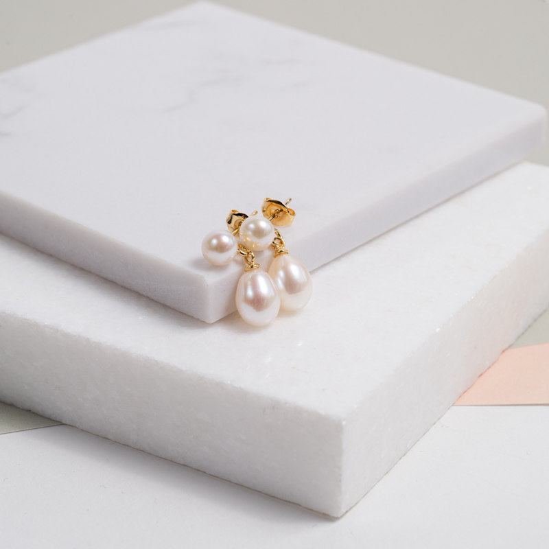 Thumbnail of Glebe Double White Pearl & Gold Vermeil Drop Earrings image