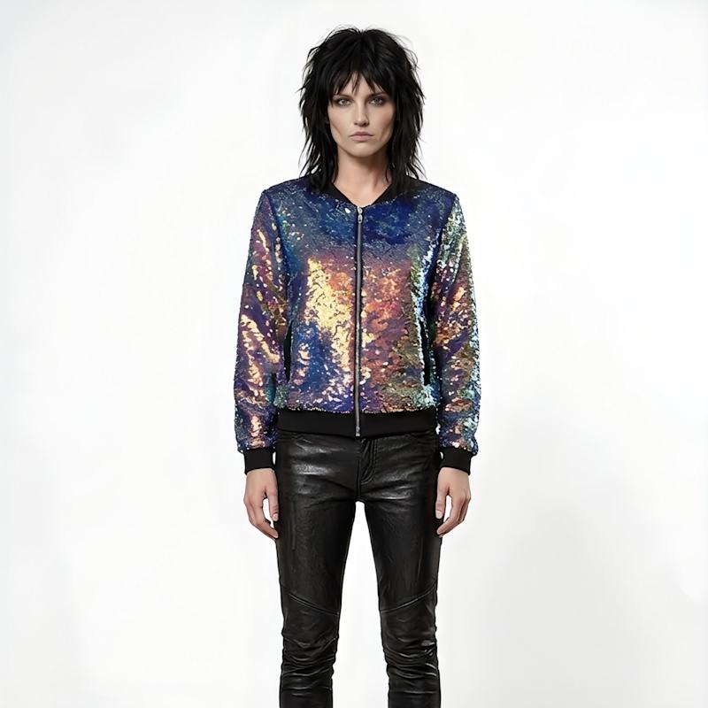 Iridescent Oil Slick Sequin Bomber Jacket | Any Old Iron | Wolf