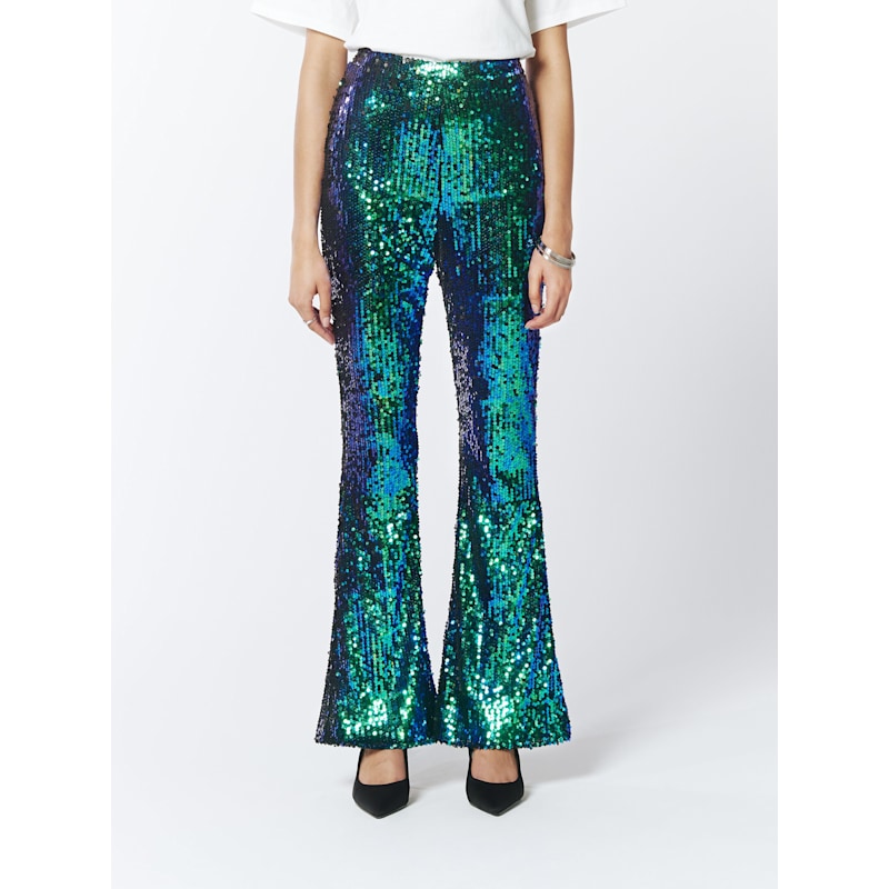 Thumbnail of Iridescent Sequin Flared Trousers In Green Peafowl image