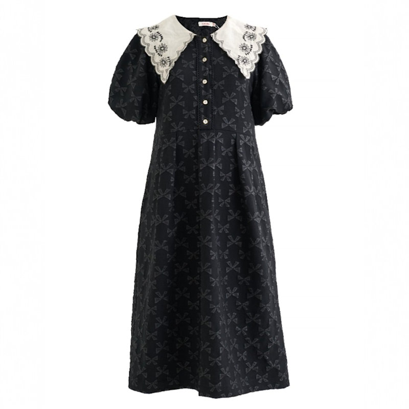 Louche Iris Bow Jacquard Midi Dress With Lace Collar - Black