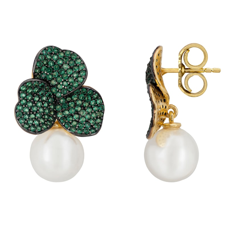 Thumbnail of Iris Flower And Pearl Dangle Earrings Emerald Gold image