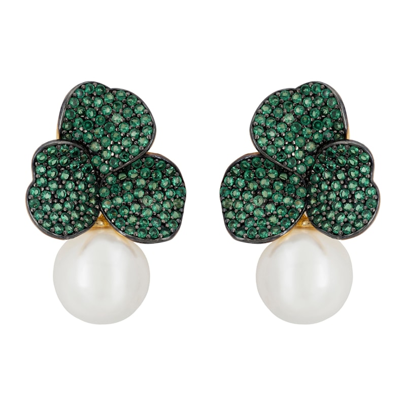 Thumbnail of Iris Flower And Pearl Dangle Earrings Emerald Gold image
