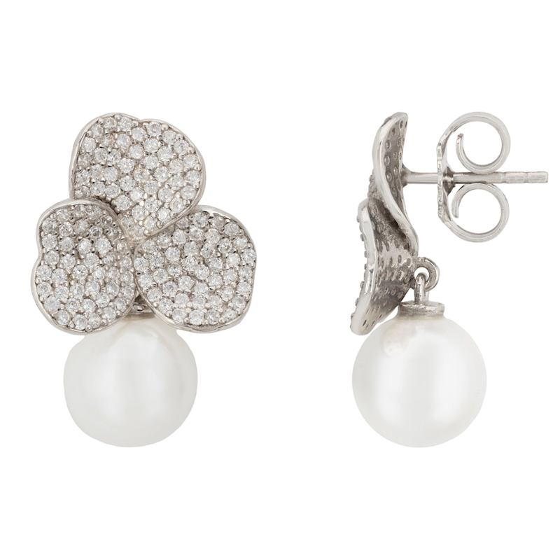 Thumbnail of Iris Flower And Pearl Dangle Earrings Silver image