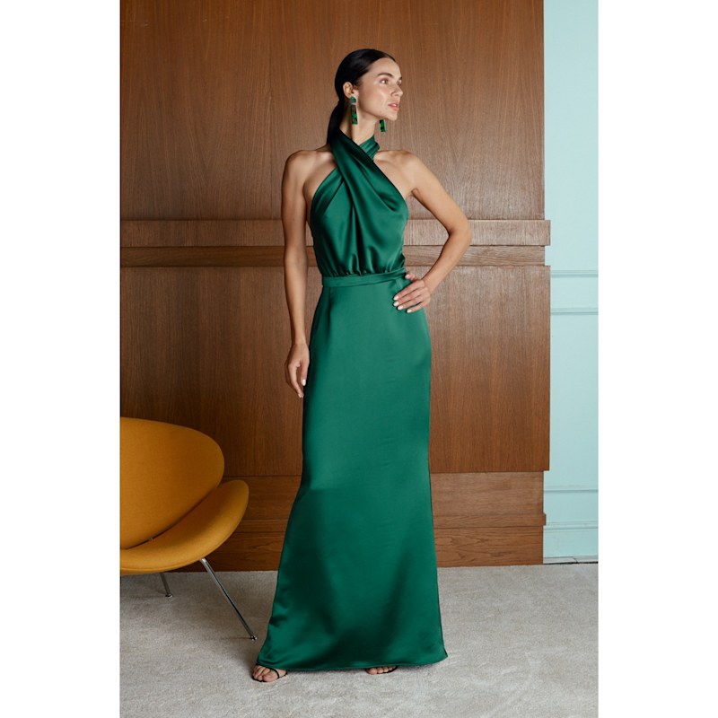green emerald velvet dress Satin Halter Pleats Dark Green Wedding Guest Dress main image 0