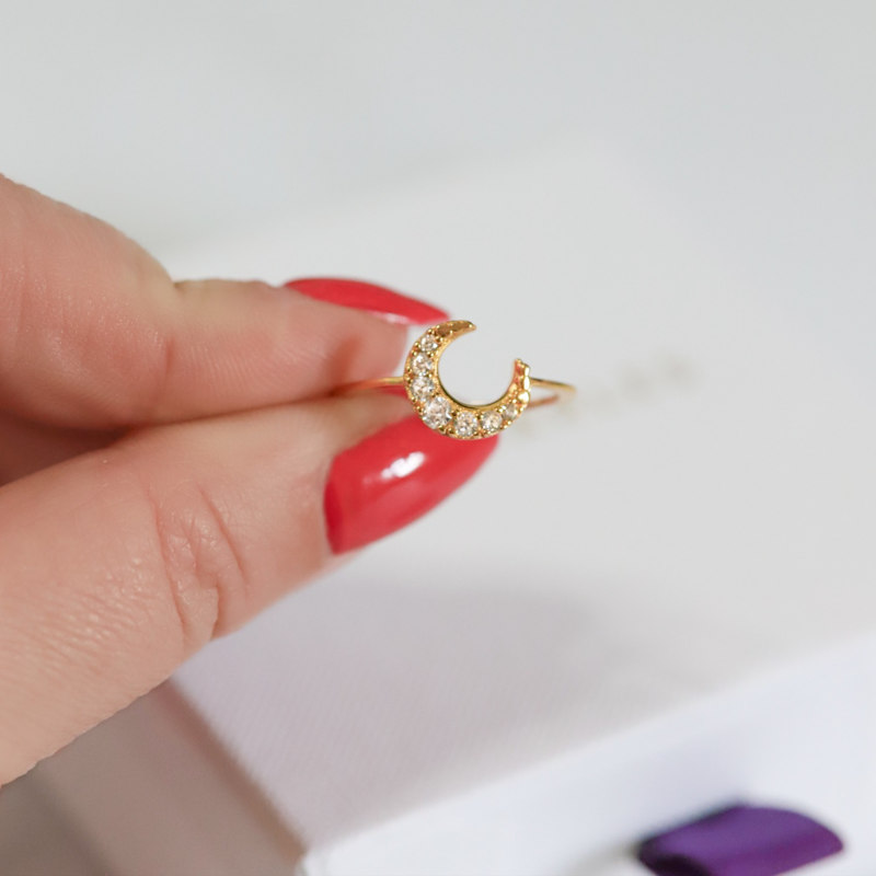 Thumbnail of Isabel Crescent Moon Crystal Ring Gold Plated image