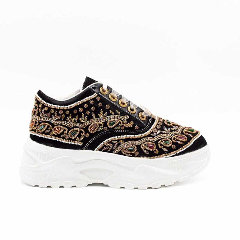 Thumbnail of Isabella Luxury Black Satin Handmade Embellished Trainers image