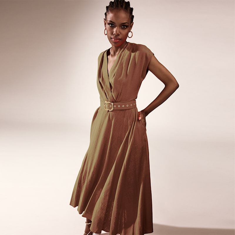 Thumbnail of Ischia Beige Linen  Office & Cocktail Midi Dress image