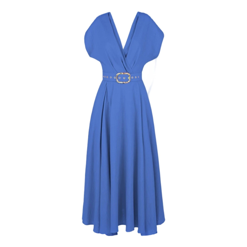 Thumbnail of Ischia Lavender Blue Linen Work  Dress With Pockets And Textile Belt image