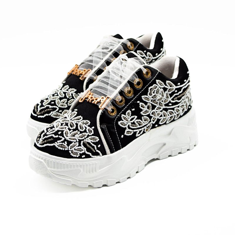 Thumbnail of Iska Luxury Black Satin Handmade Embellished Trainers image