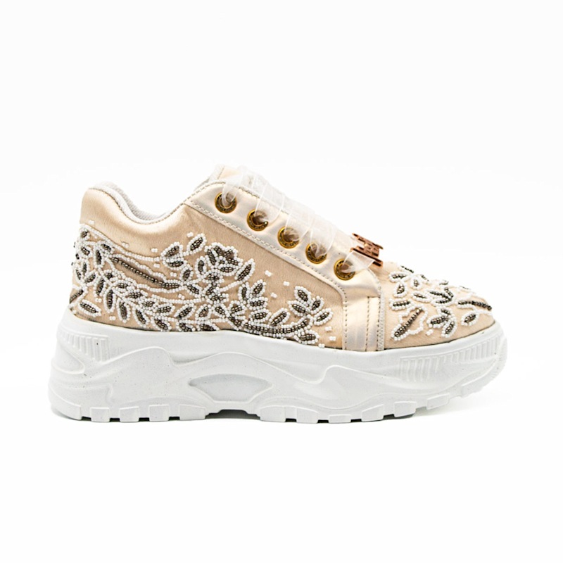 Thumbnail of Iska Luxury Buttermilk Satin Handmade Embellished Trainer image
