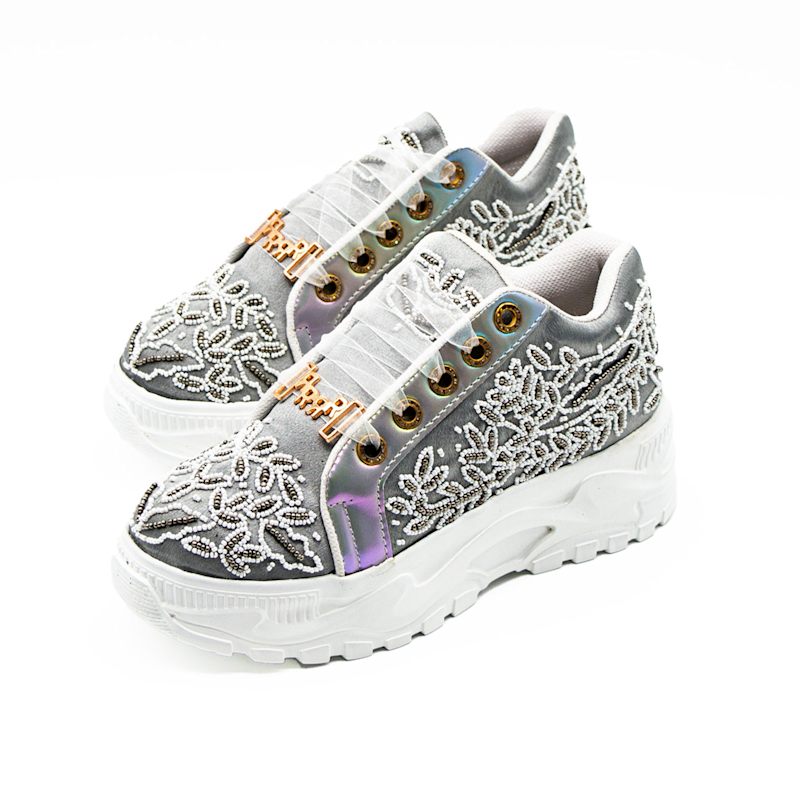 Thumbnail of Iska Luxury Silver Satin Handmade Embellished Trainers image