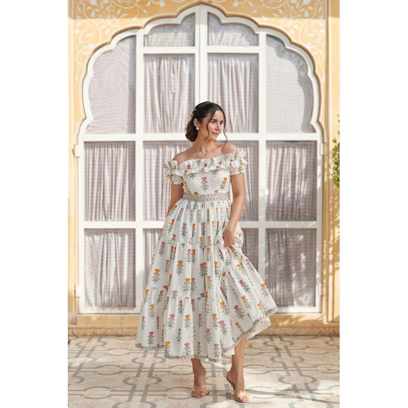 Thumbnail of Isla Hand Block Print Offshoulder Cotton Maxi Dress | White image
