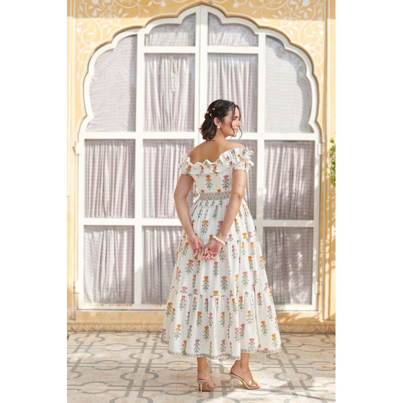 Thumbnail of Isla Hand Block Print Offshoulder Cotton Maxi Dress | White image