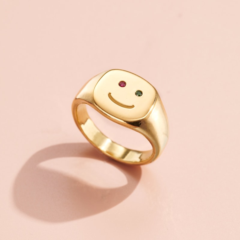 Thumbnail of Gold Plated Ruby & Emerald Diamond Happy Face Signet Ring image