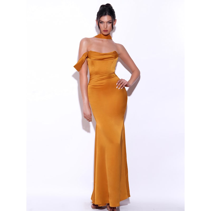 Thumbnail of Ivona Gold Halter Neck Double Duchess Satin Gown image
