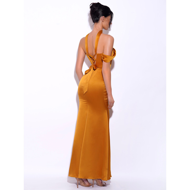 Thumbnail of Ivona Gold Halter Neck Double Duchess Satin Gown image