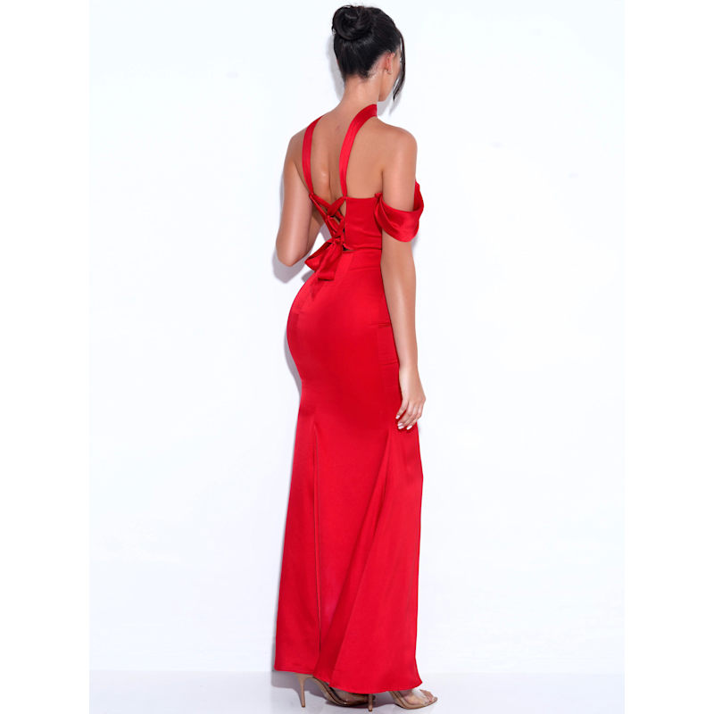 Thumbnail of Ivona Red Halter Neck Double Duchess Satin Gown image