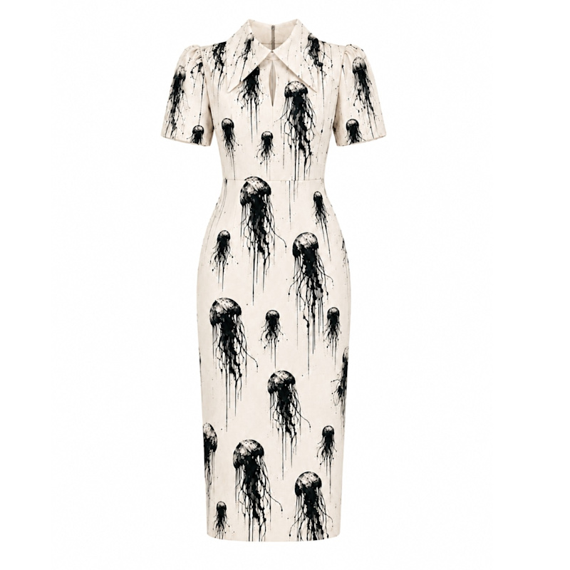 Thumbnail of Ivory Jellyfish Print Short Sleeve Midi Dress – Capsule Edition image