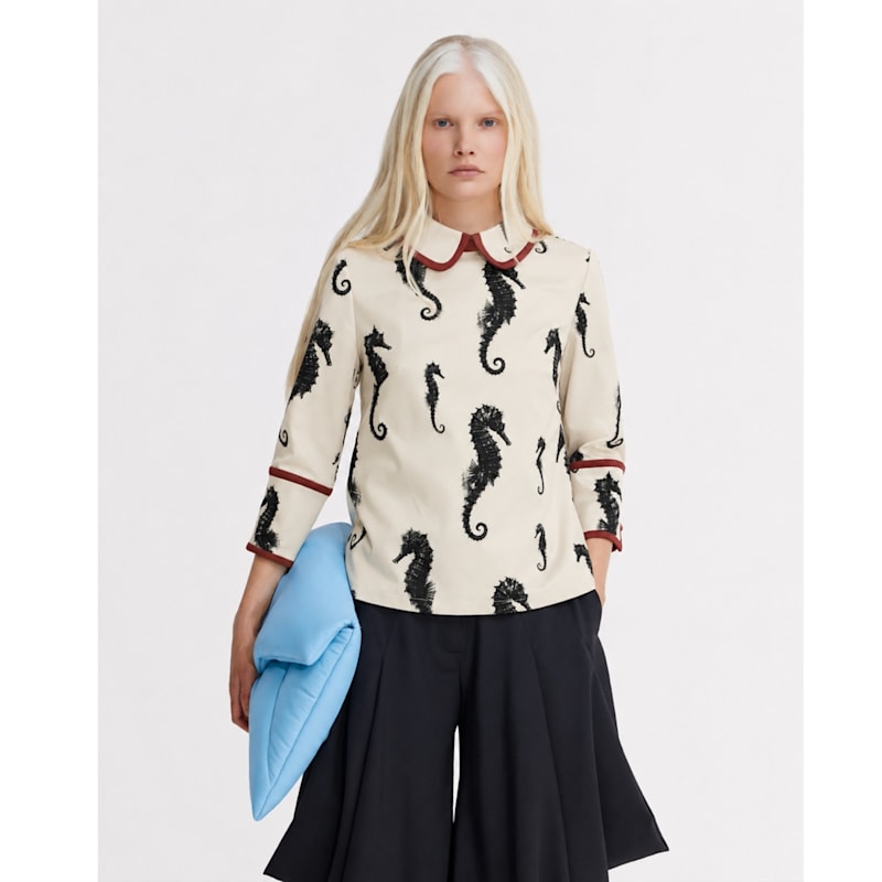Thumbnail of Light Beige Seahorse Print Blouse With Cuffs – Capsule Edition image