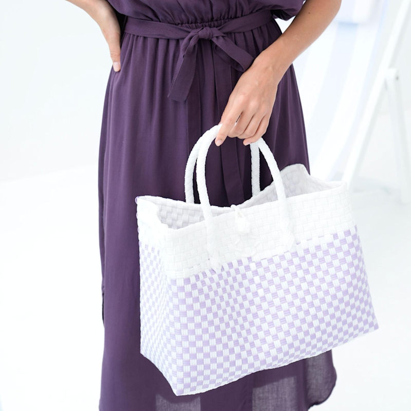Thumbnail of Lola Recycled Plastic Woven Tote Large - White And Lite Purple Checker image