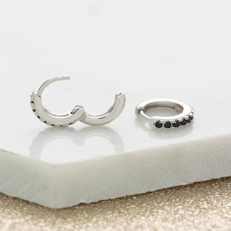 Thumbnail of Silver Huggie Earrings With Black Stones image