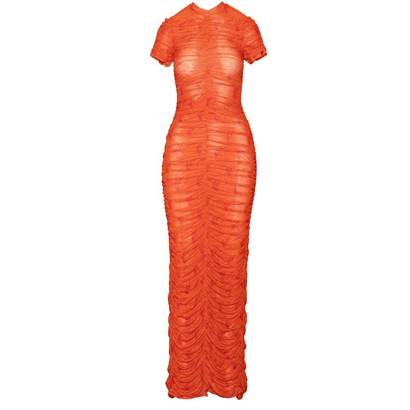 Thumbnail of Iza Orange Ruched Maxi Mesh Dress image
