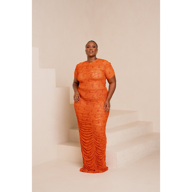 Thumbnail of Iza Orange Ruched Maxi Mesh Dress image
