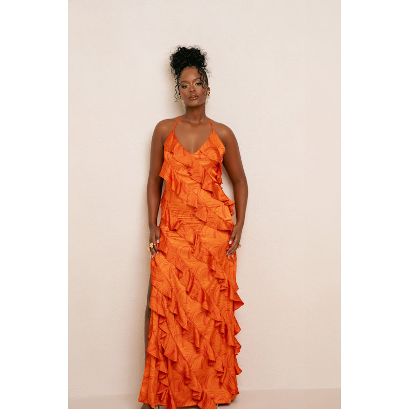 Iza Orange Ruffle Maxi Dress OFUURE Wolf Badger