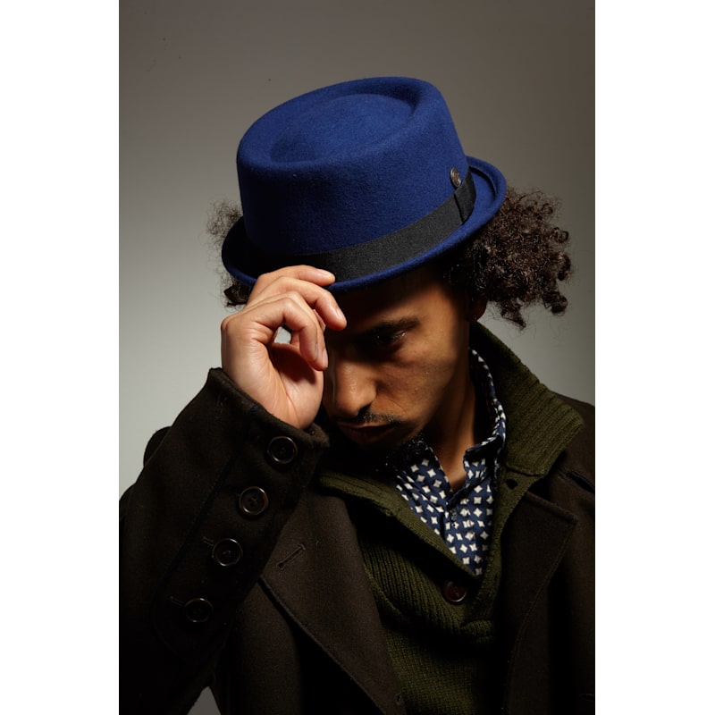 Thumbnail of Jack Blue Felt Skimpy Brim Short Brim Rude Boy Mod Style Porkpie Hat image